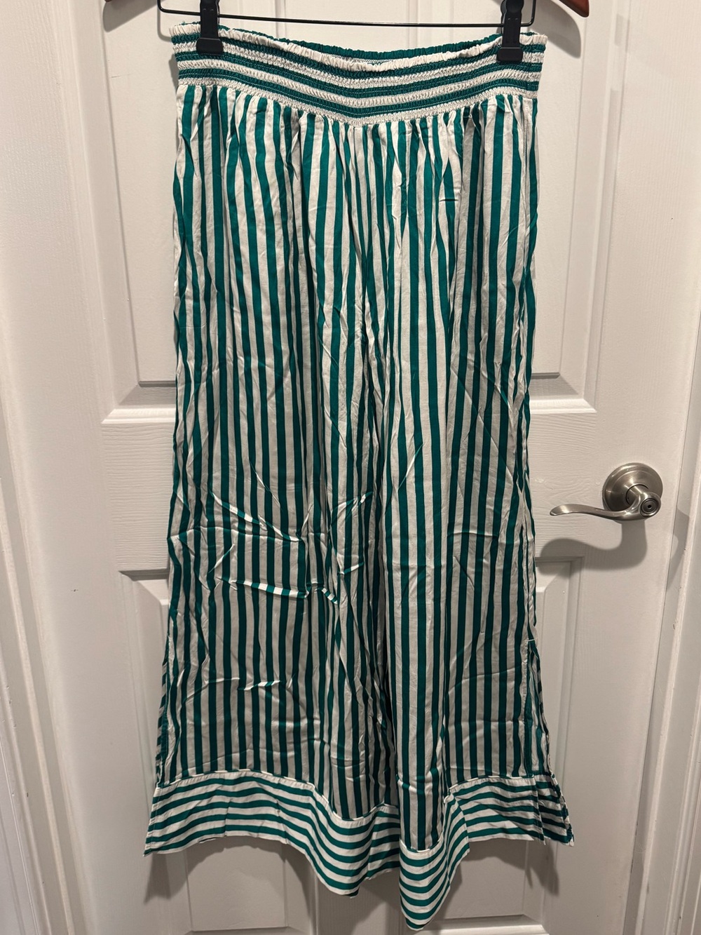 Anthropologie Green and White Striped Satin Wide-Leg Pants Size S
